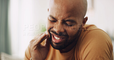 Buy stock photo Toothache, pain and man in house with dental problem for cavity, gum disease or gingivitis. Inflammation, dentistry and male person with impacted wisdom teeth for tension, pressure or plaque in home.