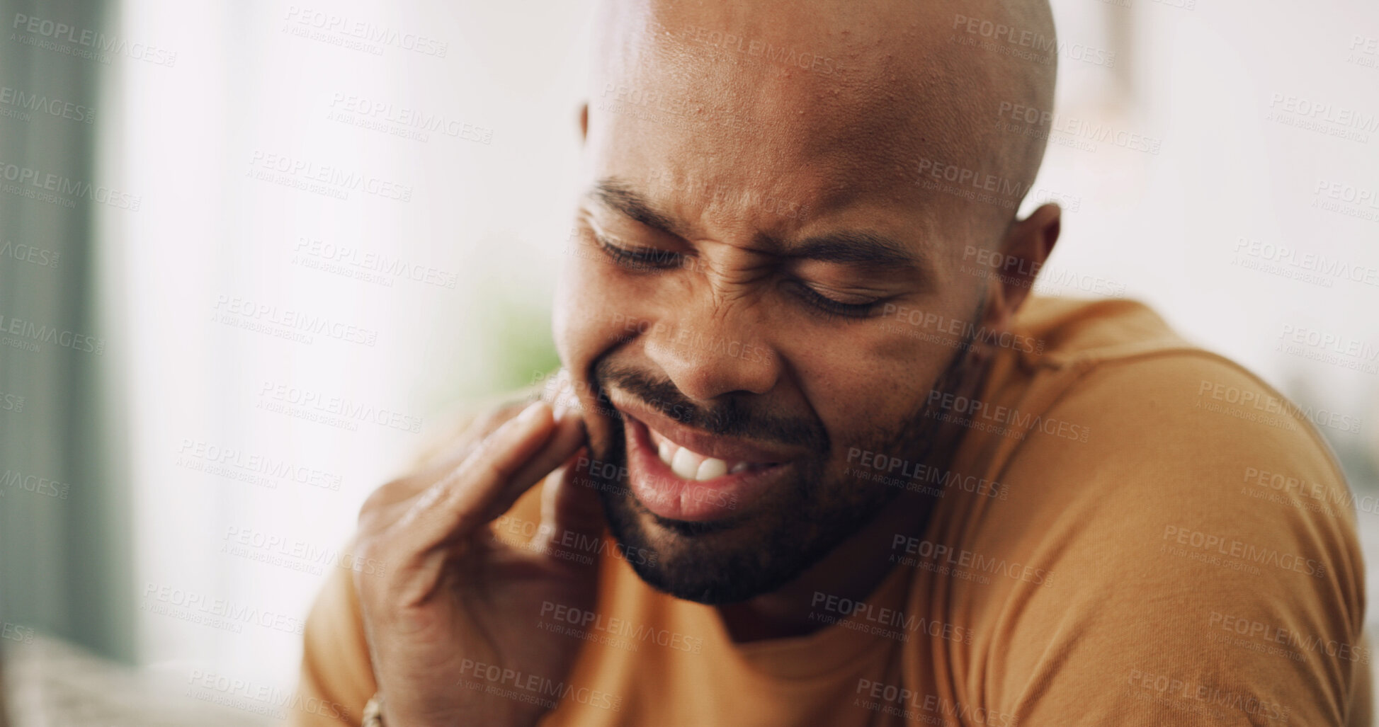 Buy stock photo Toothache, pain and man in house with dental problem for cavity, gum disease or gingivitis. Inflammation, dentistry and male person with impacted wisdom teeth for tension, pressure or plaque in home.