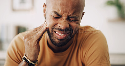 Buy stock photo Toothache, sensitive and man in house with dental problem for cavity, gum disease or gingivitis. Pain, dentistry and male person with impacted wisdom teeth for tension, pressure or plaque in home.