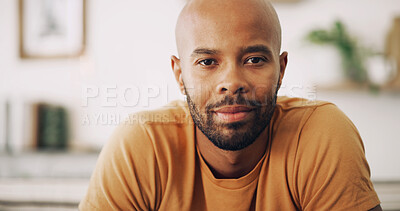 Buy stock photo Portrait, relax and weekend with man in living room of home for break, time off or wellness. Calm, peaceful and rest with confident person in apartment for chilling or comfort on Saturday morning