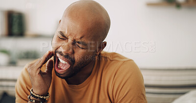 Buy stock photo Toothache, pain and man in home with dental problem for cavity, gum disease or gingivitis. Inflammation, dentistry and male person with impacted wisdom teeth for tension, pressure or plaque in house.