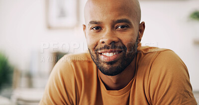 Buy stock photo African man, happy and portrait in home with relax, weekend break or chill in lounge. Person, face and stress free in living room for rest, good mood or enjoy me time in apartment with smile
