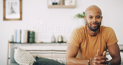 Buy stock photo Portrait, space and weekend with man in living room of home for break, time off or wellness. Calm, peaceful and relax with confident person in apartment for chilling or comfort on Saturday morning