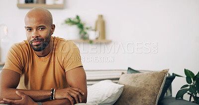 Buy stock photo Portrait, relax and space with man in living room of home for break, time off or wellness. Calm, rest and weekend with confident person in apartment for chilling or comfort on Saturday morning