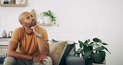 Buy stock photo Relax, space and thinking with man on sofa in living room of home for ideas, planning or rest. Contemplation, future and vision with thoughtful person in apartment for inspiration or optimism