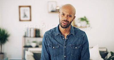 Buy stock photo Home, man and portrait with expression for confused, misunderstanding and puzzled with news. House, lounge and African male person with emoji reaction for information, what and worry in apartment

