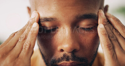 Buy stock photo Man, face and headache in home with pressure, tension and stress for health crisis. African person, closeup and migraine in living room with vertigo, dizzy spell and massage temple for pain relief