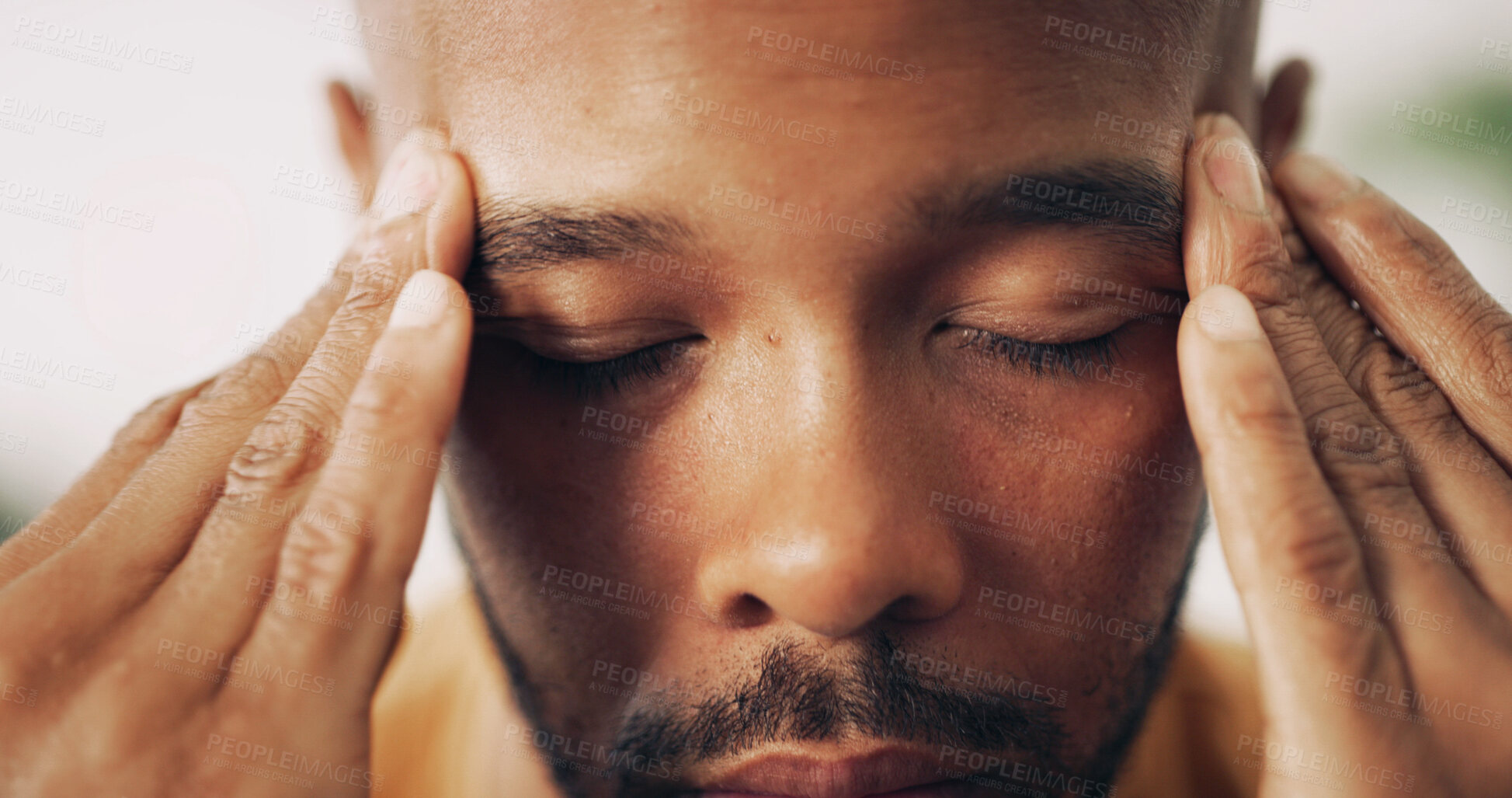 Buy stock photo Man, face and headache in home with pressure, tension and stress for health crisis. African person, closeup and migraine in living room with vertigo, dizzy spell and massage temple for pain relief