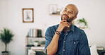 Thinking, idea and man with insight in home, freelancer for creative inspiration, memory or reflection. Planning, brainstorming and vision with African remote worker for solution, future and decision