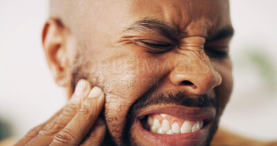 Buy stock photo Toothache, hurt and man in home with dental problem for cavity, gum disease or gingivitis. Inflammation, dentistry and male person with impacted wisdom teeth for tension, pressure or plaque in house.