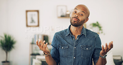 Buy stock photo Portrait, asking or man with question in home as creative freelancer or house interior designer. Doubt, why or confused remote worker with dont know gesture for renovation choice, shrug or decision