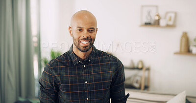 Buy stock photo Home, lounge and black man with smile in portrait, apartment and confidence on weekend holiday. House, male person and positive happiness in living room for day off, wellness and peaceful in morning