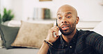 Phone call, conversation and man on sofa in house for contact, online chatting and communication on weekend. Planning, living room and person on smartphone for social networking, connection and idea