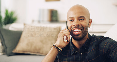 Buy stock photo Phone call, chatting and man on sofa in house for contact, online conversation and communication on weekend. Planning, living room and person on smartphone for social networking, connection and idea