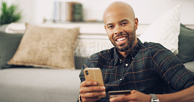 Buy stock photo Home, black man and phone with credit card in portrait, password information and online shopping. Lounge, happy person and mobile with debit for ecommerce, payment and subscription for application