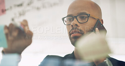 Buy stock photo Phone call, writing and business man by glass for brainstorming, discussion and ideas in office. Creative company, startup and person on smartphone with sticky notes for contact, research or project