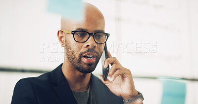 Buy stock photo Phone call, talking and business man by glass for brainstorming, discussion and ideas in office. Creative company, startup and person on smartphone with sticky notes for contact, research or planning