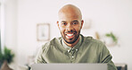 Smile, work from home and black man by laptop in portrait for entrepreneur planning, editing or project. Male person, technology and happy on internet for freelance design gig with connection