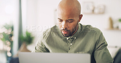 Buy stock photo Remote work, laptop and man with planning for networking, research and review with news source. Freelancer, male journalist and reading with technology for article questions, information and home