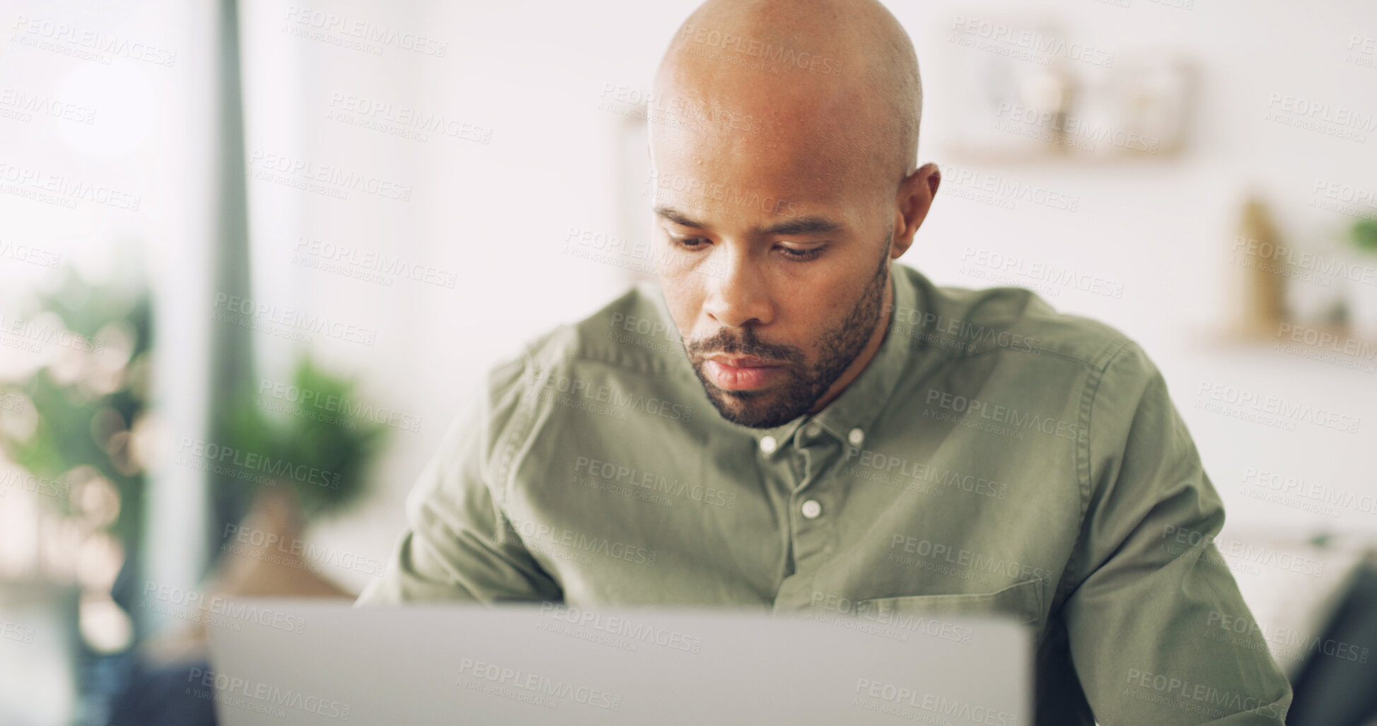 Buy stock photo Remote work, laptop and man with planning for networking, research and review with news source. Freelancer, male journalist and reading with technology for article questions, information and home
