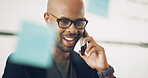 Phone call, planning and business man by glass for brainstorming, discussion and ideas in office. Creative company, startup and person on smartphone with sticky notes for contact, research or project