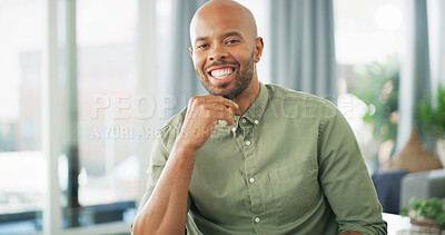 Buy stock photo Happy, confident and portrait of man in home with relax, calm or peace on break on weekend. Smile, pride and face of male person from Mexico with positive attitude in living room at apartment.