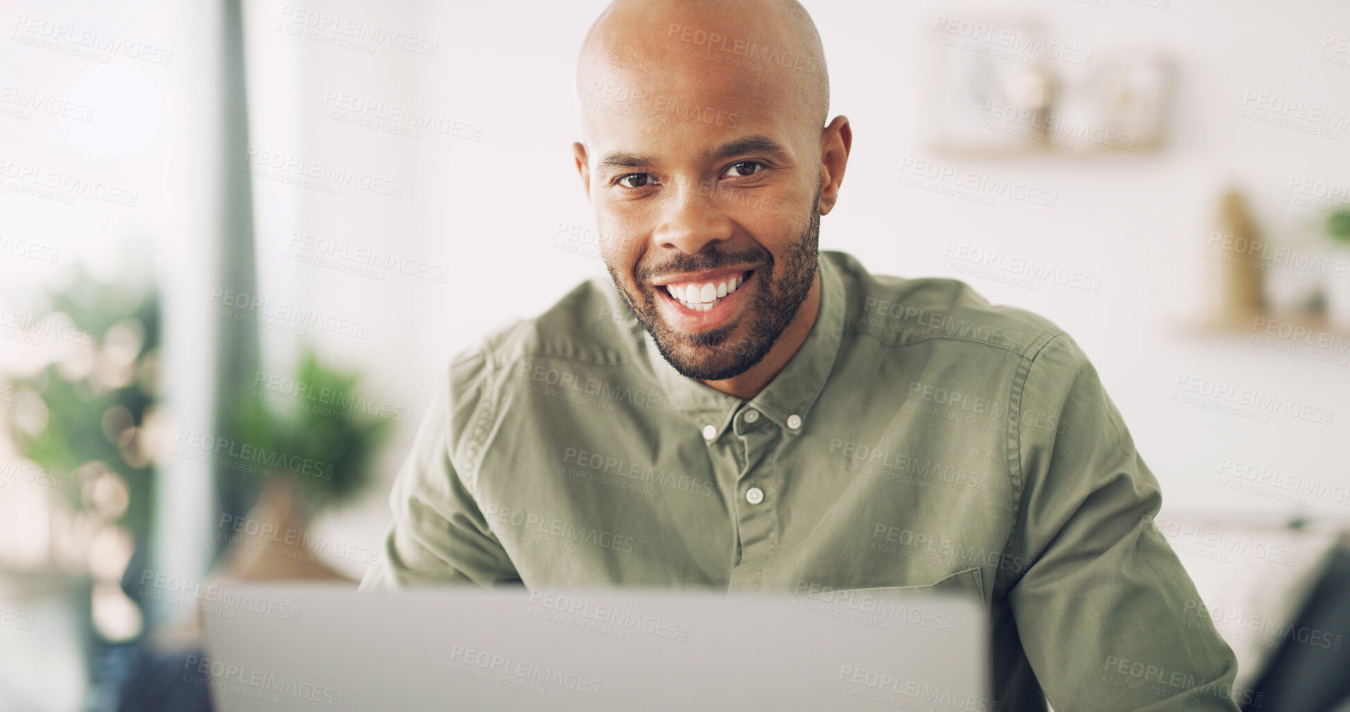 Buy stock photo Happy, work from home and black man by laptop in portrait for entrepreneur planning, editing or project. Male person, technology and confident on internet for freelance design gig with connection