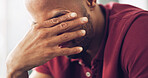 Sad, black man and crying with grief at house with depression, mourning loss and bad news. Male person, sorrow and emotional breakdown with past memory, trauma experience and mental health in lounge
