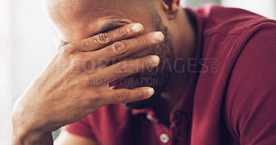 Buy stock photo Sad, black man and crying with grief at house with depression, mourning loss and bad news. Male person, sorrow and emotional breakdown with past memory, trauma experience and mental health in lounge