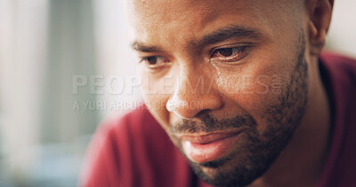 Buy stock photo Crying, black man and grief or emotional at house for depression, mourning loss and bad news. Male person, sad and breakdown with past memory, trauma experience and mental health crisis in lounge