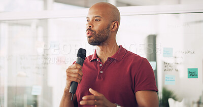 Buy stock photo Presentation, speaker and man with mic, speech or information for seminar, training or creative. Business, employee and black person with tech for workshop, conversation or public speaking in meeting