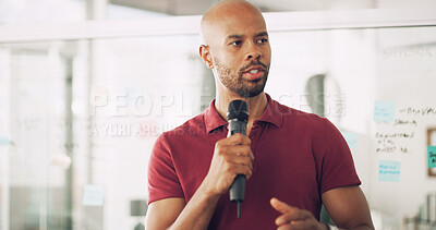 Buy stock photo Presentation, speaker and man with mic, talking and information for seminar, training and creative. Business, employee and black person with speech for workshop, conversation and public speaking