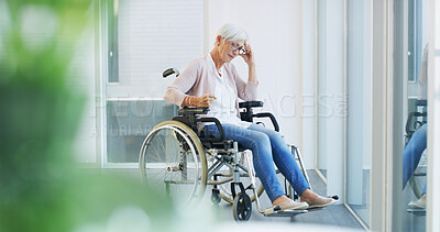 Buy stock photo Old woman, thinking and stress in wheelchair, bad memory or grief with loss, frustrated and emotional in nursing home. Depression, regret and mourning senior person with disability, sad and lonely