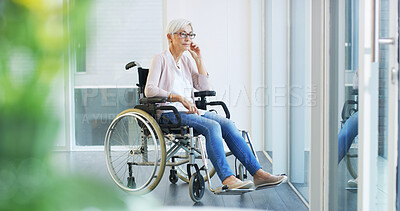 Buy stock photo Senior woman, wheelchair and thinking with memory in nursing home, retirement or remember with nostalgia. Thoughtful, ponder and elderly person with disability, pension and comtemplating past life