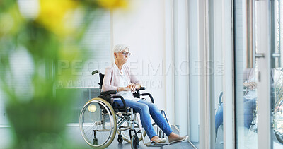 Buy stock photo Old woman, wheelchair and thinking by window for memory, loneliness or reflection on life in nursing home. Remember, nostalgia and female person with disability for depression, grief or mourning
