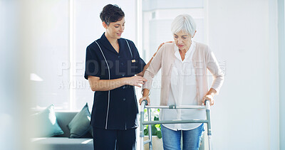 Buy stock photo Help, nurse and old woman with walker in home for healthcare, physiotherapy or support in retirement. Senior care, caregiver and elderly person with walking frame for mobility exercise in recovery