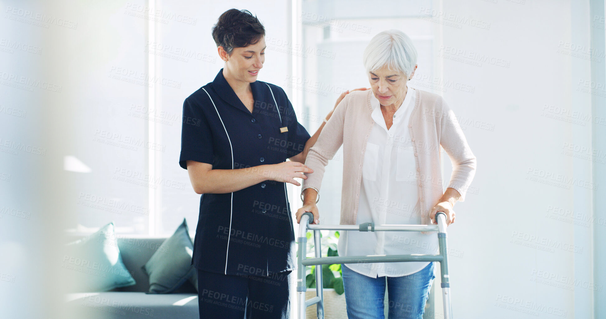 Buy stock photo Help, nurse and old woman with walker in home for healthcare, physiotherapy or support in retirement. Senior care, caregiver and elderly person with walking frame for mobility exercise in recovery