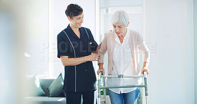Buy stock photo Support, nurse and old woman with walker in home for healthcare, physiotherapy or help in retirement. Senior care, caregiver and elderly person with walking frame for mobility exercise in recovery