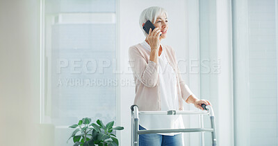 Buy stock photo Phone call, walker and senior woman in home for communication, contact and online chat. Retirement, happy and elderly person with walking frame on smartphone for conversation, hello and talking