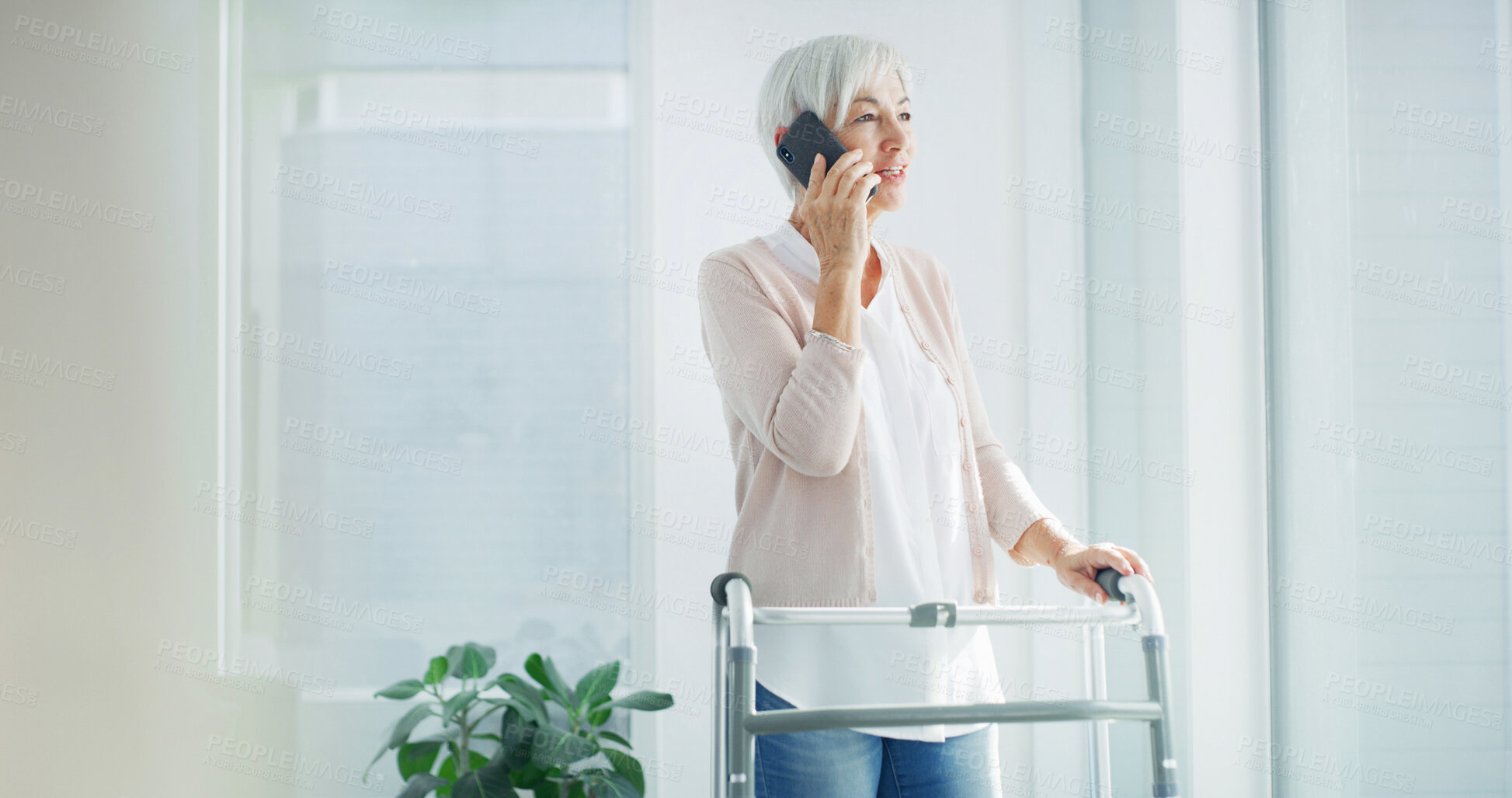 Buy stock photo Phone call, walker and senior woman in home for communication, contact and online chat. Retirement, happy and elderly person with walking frame on smartphone for conversation, hello and talking