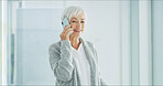 Phone call, talking and senior woman with smile for communication, contact and online chat. Retirement, nursing home and happy elderly person on smartphone for conversation, hello and networking