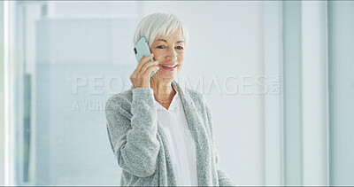 Buy stock photo Phone call, talking and senior woman with smile for communication, contact and online chat. Retirement, nursing home and happy elderly person on smartphone for conversation, hello and networking