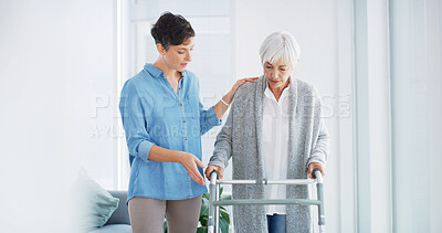 Buy stock photo Home, caregiver and senior woman with walker for healthcare, physio or support in retirement. Elderly care, physiotherapist and old person with walking frame, mobility exercise and homecare recovery