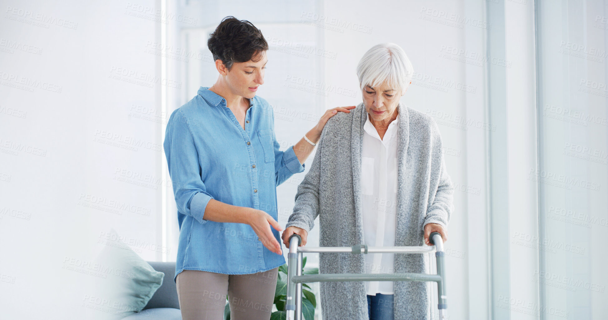 Buy stock photo Home, caregiver and senior woman with walker for healthcare, physio or support in retirement. Elderly care, physiotherapist and old person with walking frame, mobility exercise and homecare recovery