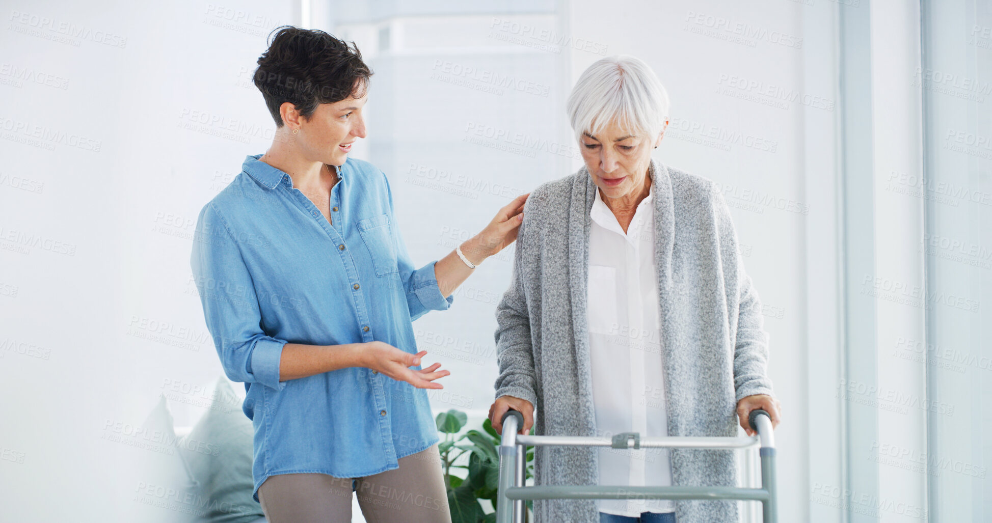 Buy stock photo Homecare, caregiver and senior woman with walker for healthcare, physio or help in retirement. Elderly care, physiotherapist and old person with walking frame, mobility exercise and home support