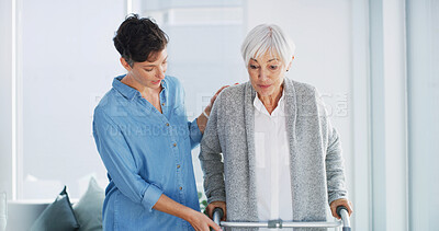 Buy stock photo Home, caregiver and elderly woman with walker for healthcare, physio or help in retirement. Senior care, physiotherapist and old person with walking frame, mobility exercise and homecare support