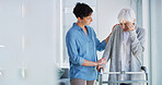 Senior woman, caregiver and walker with headache, comfort and support for care, stress and recovery. People, helping hand and elderly person with disability, rehabilitation and migraine in retirement