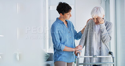 Buy stock photo Senior woman, caregiver and walker with headache, comfort and support for care, stress and recovery. People, helping hand and elderly person with disability, rehabilitation and migraine in retirement