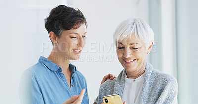 Buy stock photo Phone, help and person with elderly woman for mobile app, internet and assistance in home. Retirement, caregiver and happy women on smartphone for communication, connection and online contact