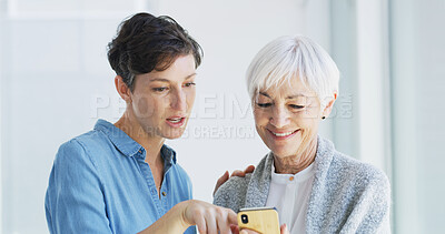 Buy stock photo Phone, help and person with senior woman for mobile app, internet and assistance in home. Retirement, caregiver and happy women on smartphone for communication, connection and online notification